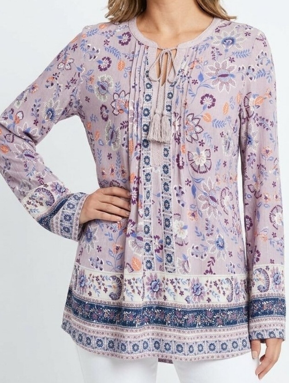 Vintage America Women's Purple Floral Peasant Tie Long Sleeve Blouse Modal Sz L